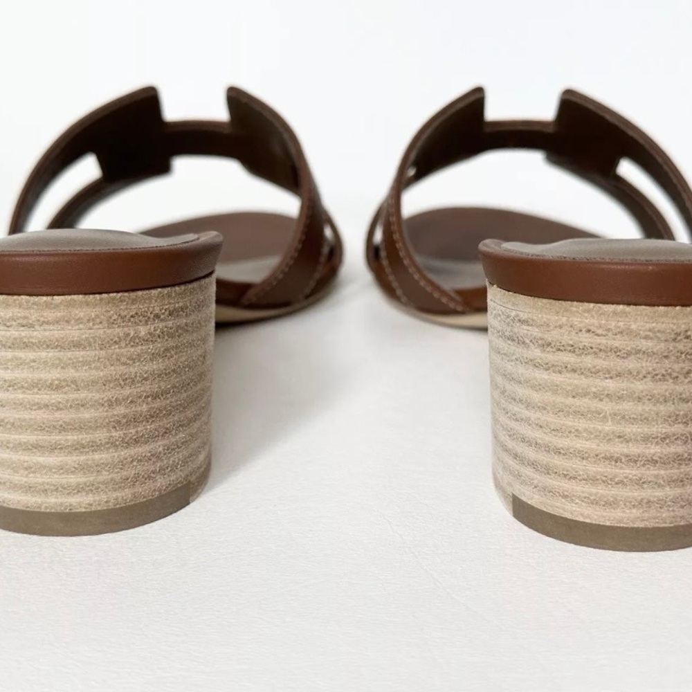 HERMES H OASIS SANDALS IN GOLD BROWN LEATHER SHOES MULES SLIDES HEELS 38 - Picture 11 of 15